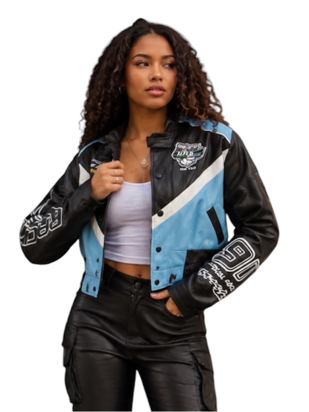 Smoke Rise Vegan Leather Raceing Motorcycle Graphic Varsity Jacket Black/Blue XS